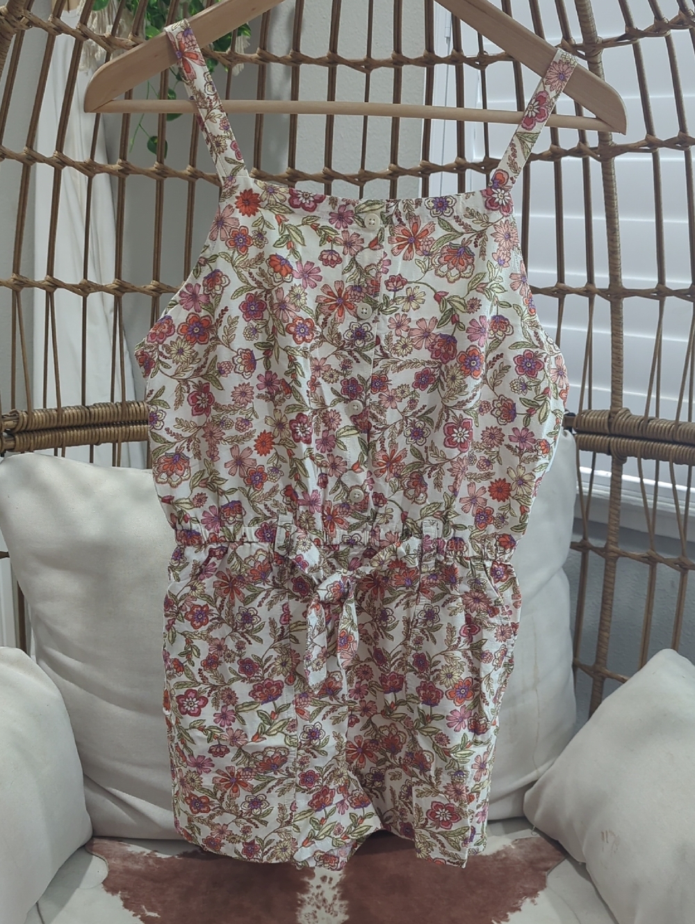 Old Navy Cream Floral Button-Front Romper with Pink & Orange Blooms